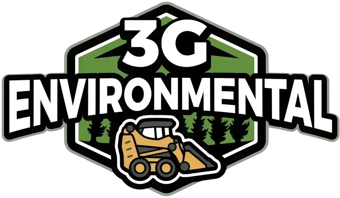 3G Environmental company logo featuring a yellow skid steer and green forest background.