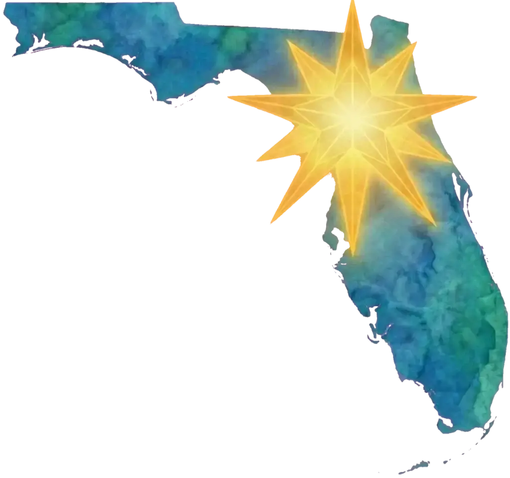 Watercolor map of Florida with a gold star highlighting the North and Central Florida land clearing service areas.