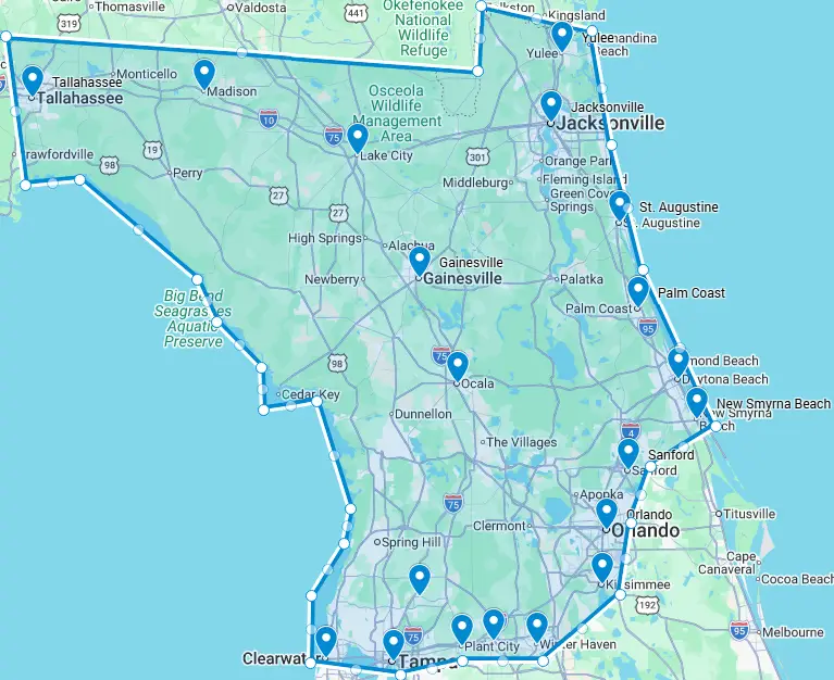 Service area map for 3G Environmental covering North and Central Florida, including Tallahassee, Jacksonville, Gainesville, Orlando, and the Tampa Bay area.