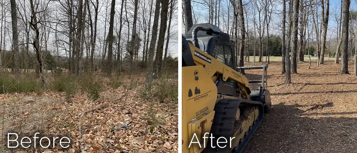 A detailed close-up of a red and black hydraulic forestry mulcher head attachment, showing its powerful rotor and numerous sharp carbide teeth caked in fresh wood pulp. The attachment is resting on a pile of newly created mulch, with a lush green forest background under a blue sky.