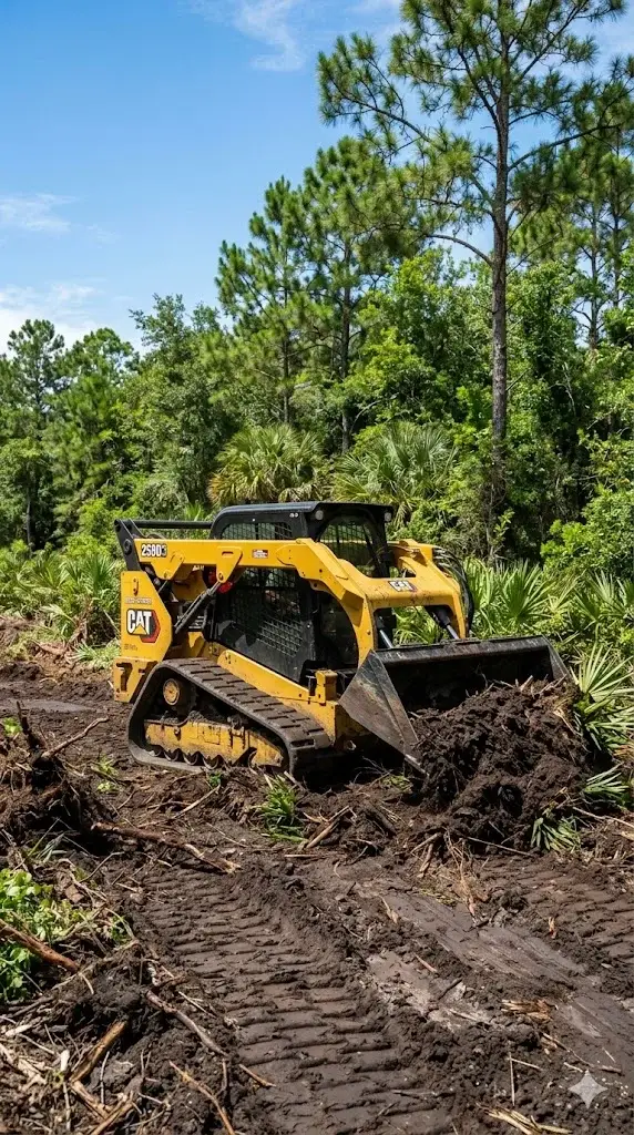 Yellow CAT tracked skid steer loader clearing land and pushing dirt among Florida pines and palmettos.
